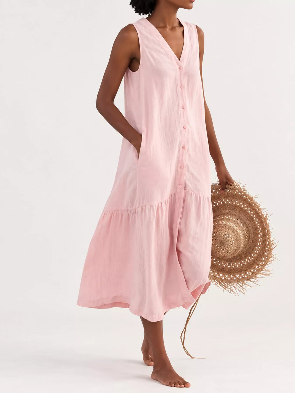 Full Size V-neck Button Front Sleeveless Midi Dress Plus (22)