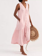Full Size V-neck Button Front Sleeveless Midi Dress Plus (22)