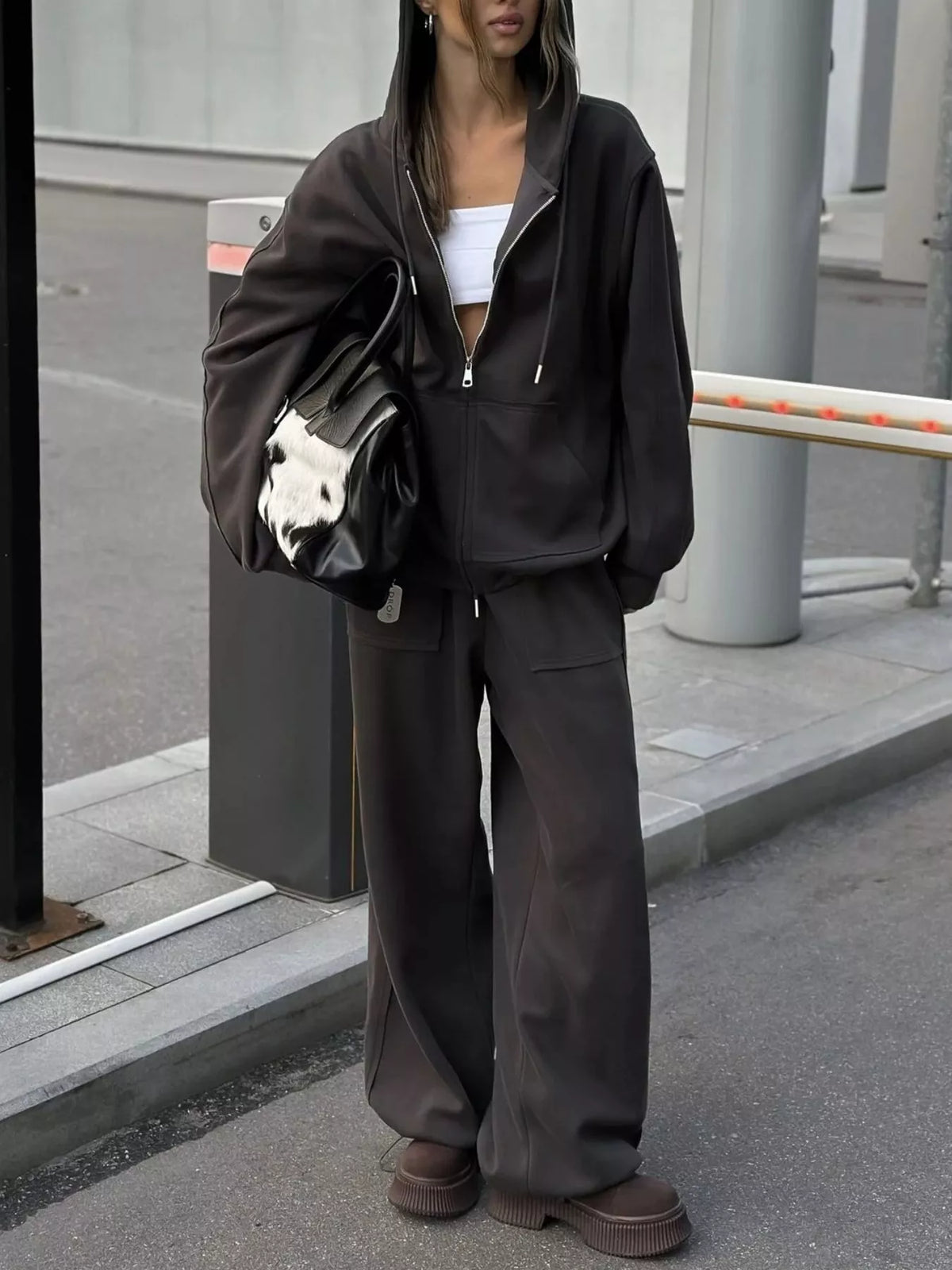 Oversized Zip-up Hoodie Wide-leg Pants Set (31)