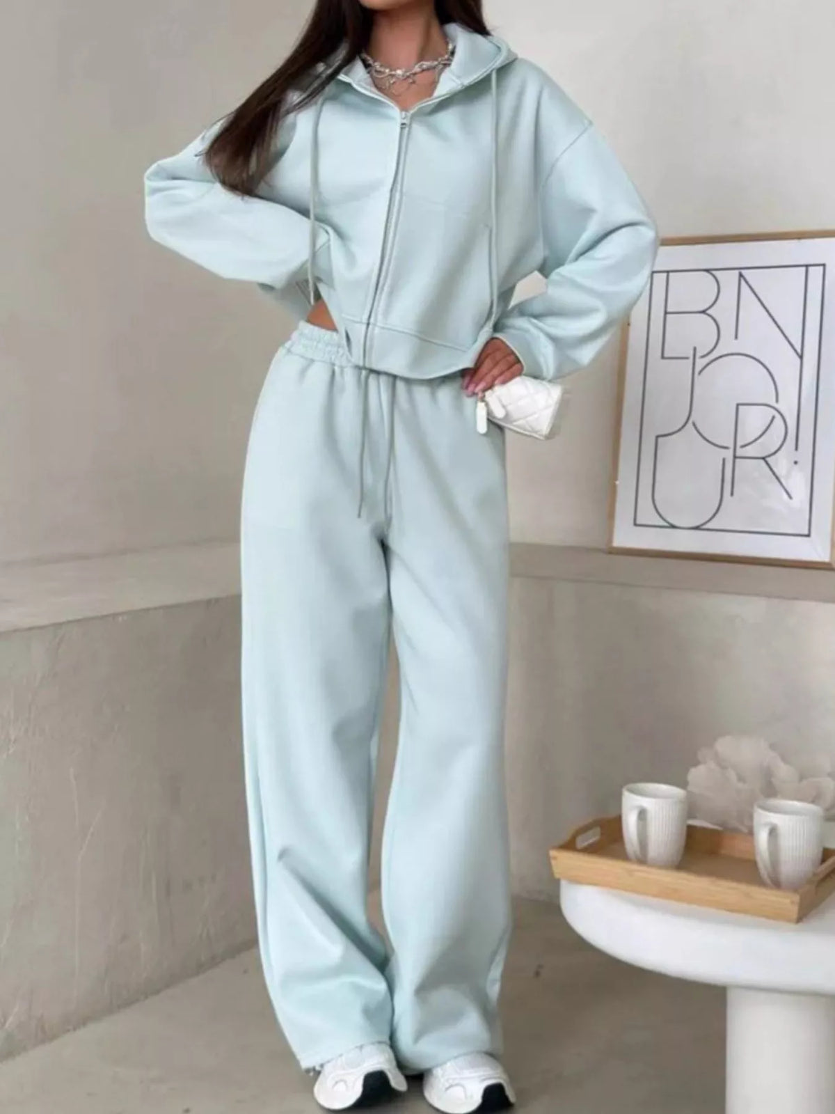 Zip-up Hoodie Wide-leg Pants Set (22)
