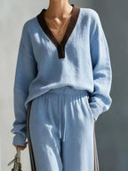 Contrast V-neck Top Striped Pants Set (2)