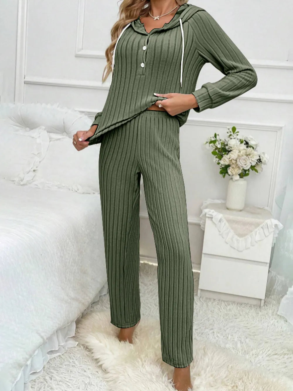Drawstring Half Button Hooded Top Ribbed Pants Set (6)