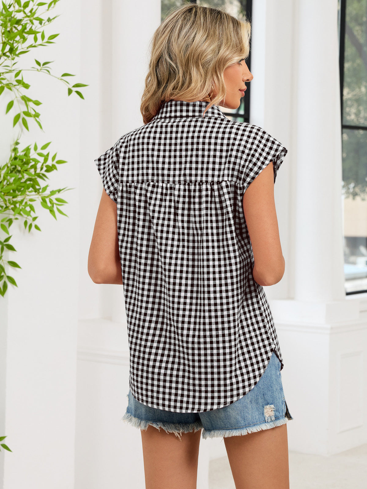 Plaid Button Up Cap Sleeve Shirt (19)