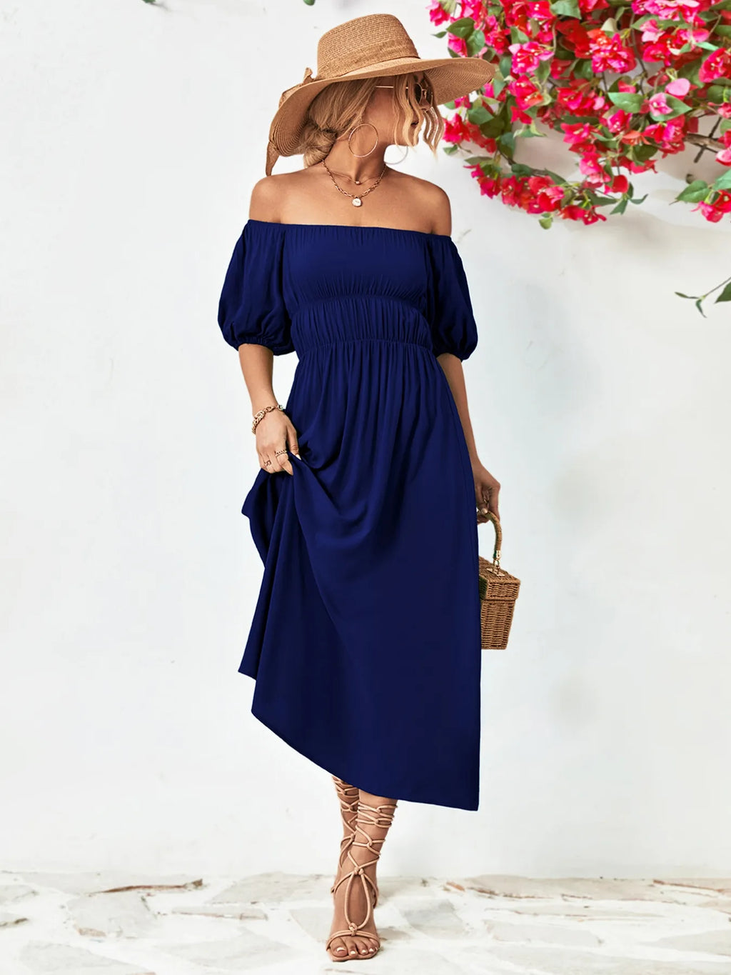 Off-shoulder Puff Sleeve Smocked Maxi Dress (14)
