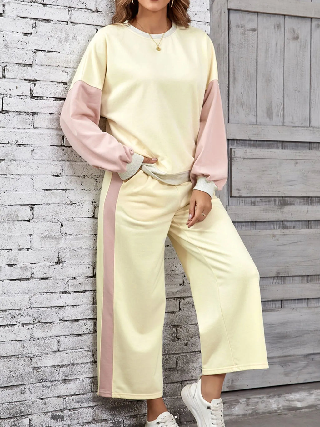 Block Round Neck Top Pants Set (7)