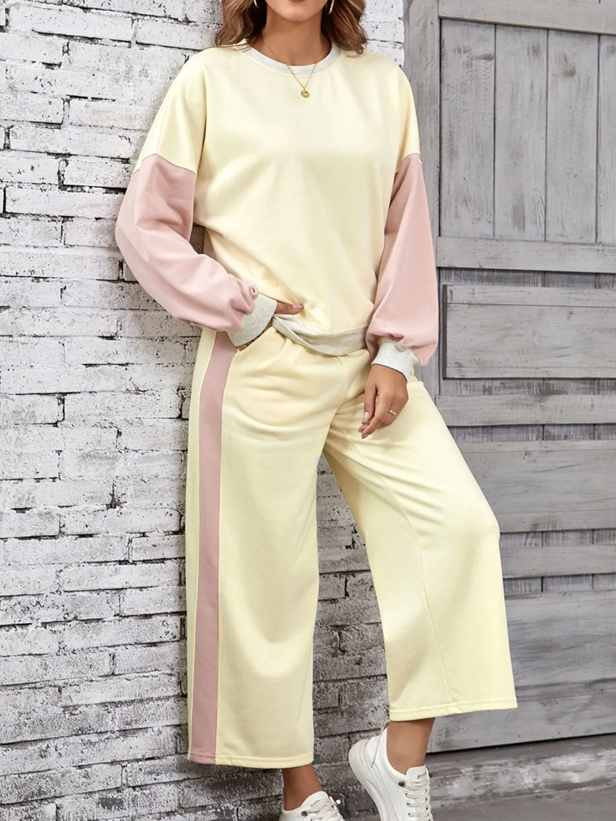 Block Round Neck Top Pants Set (7)