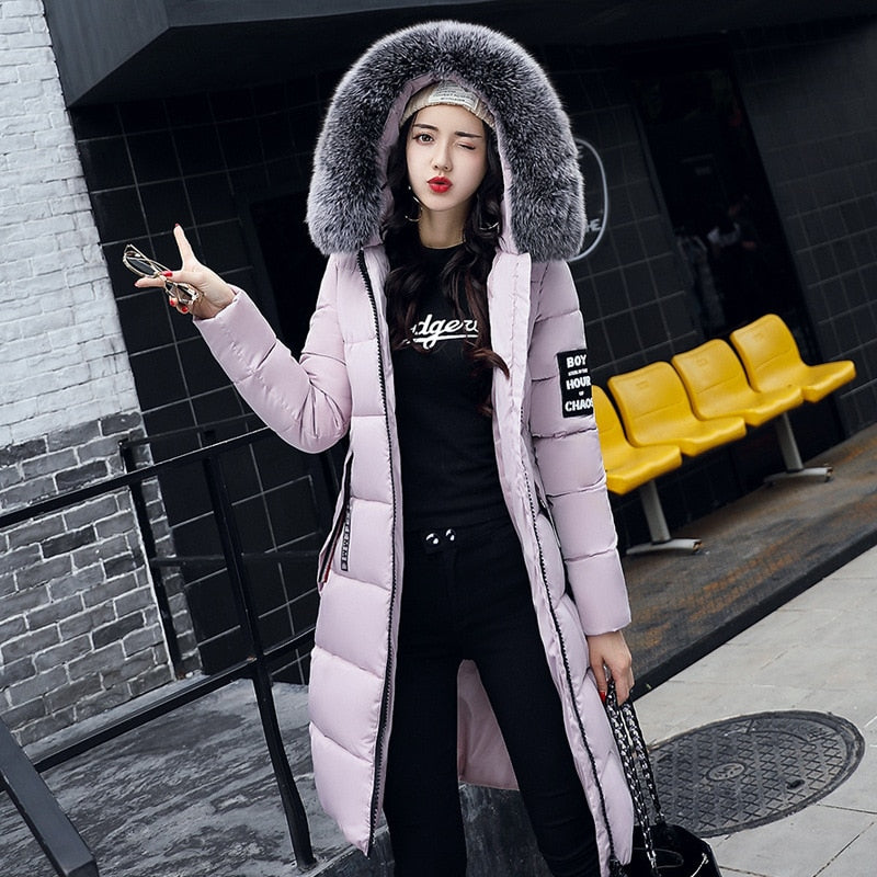 Long Cotton Jacket Hooded Big Fur Collar Down variant CJNSWTFP00063-PinkA-M|CJNSWTFP00063-PinkA-L|CJNSWTFP00063-PinkA-XL|CJNSWTFP00063-PinkA-XXL|CJNSWTFP00063-PinkA-XXXL