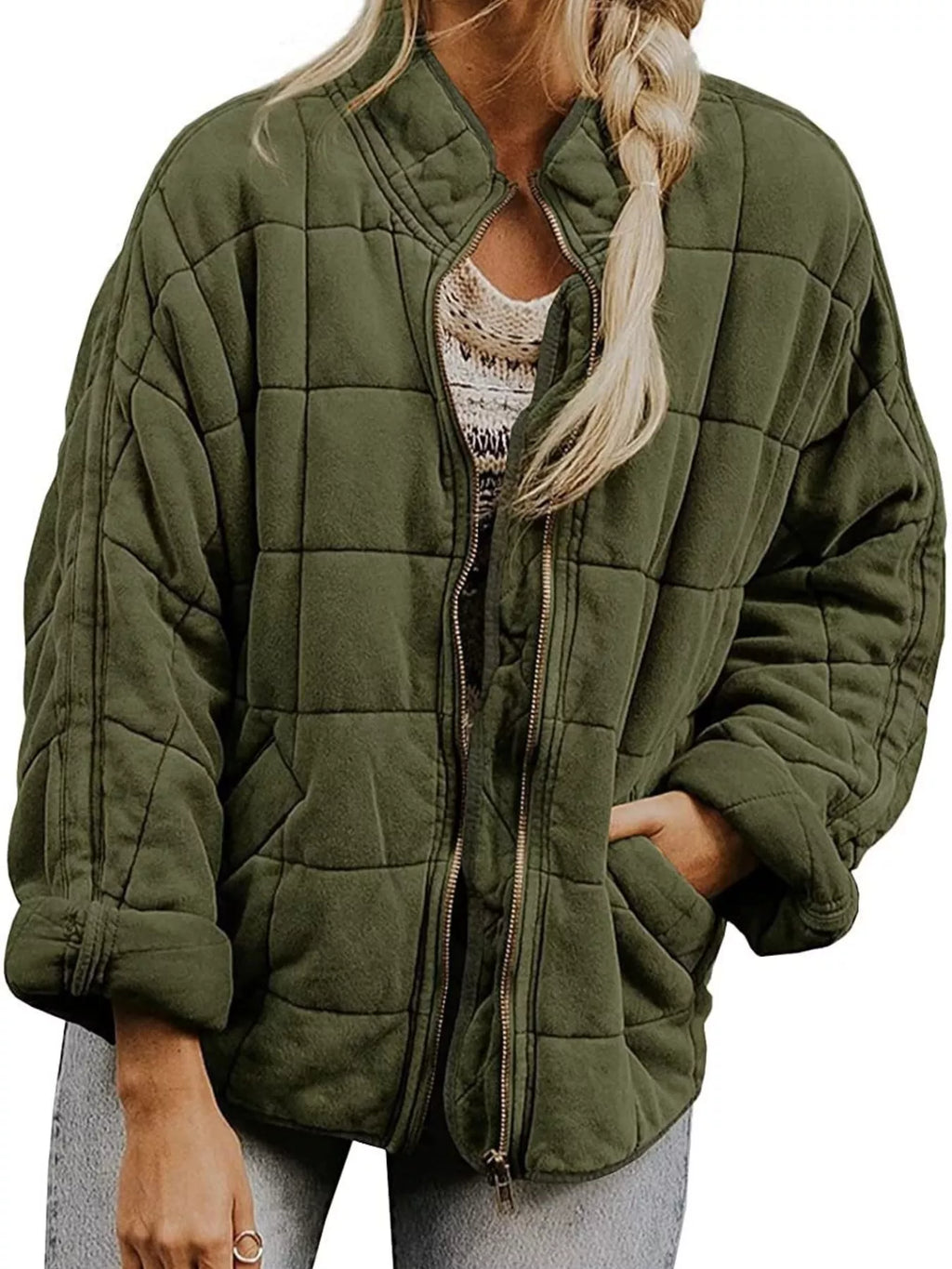 Full Size Zip Up Quilted Bomber Jacket Plus
