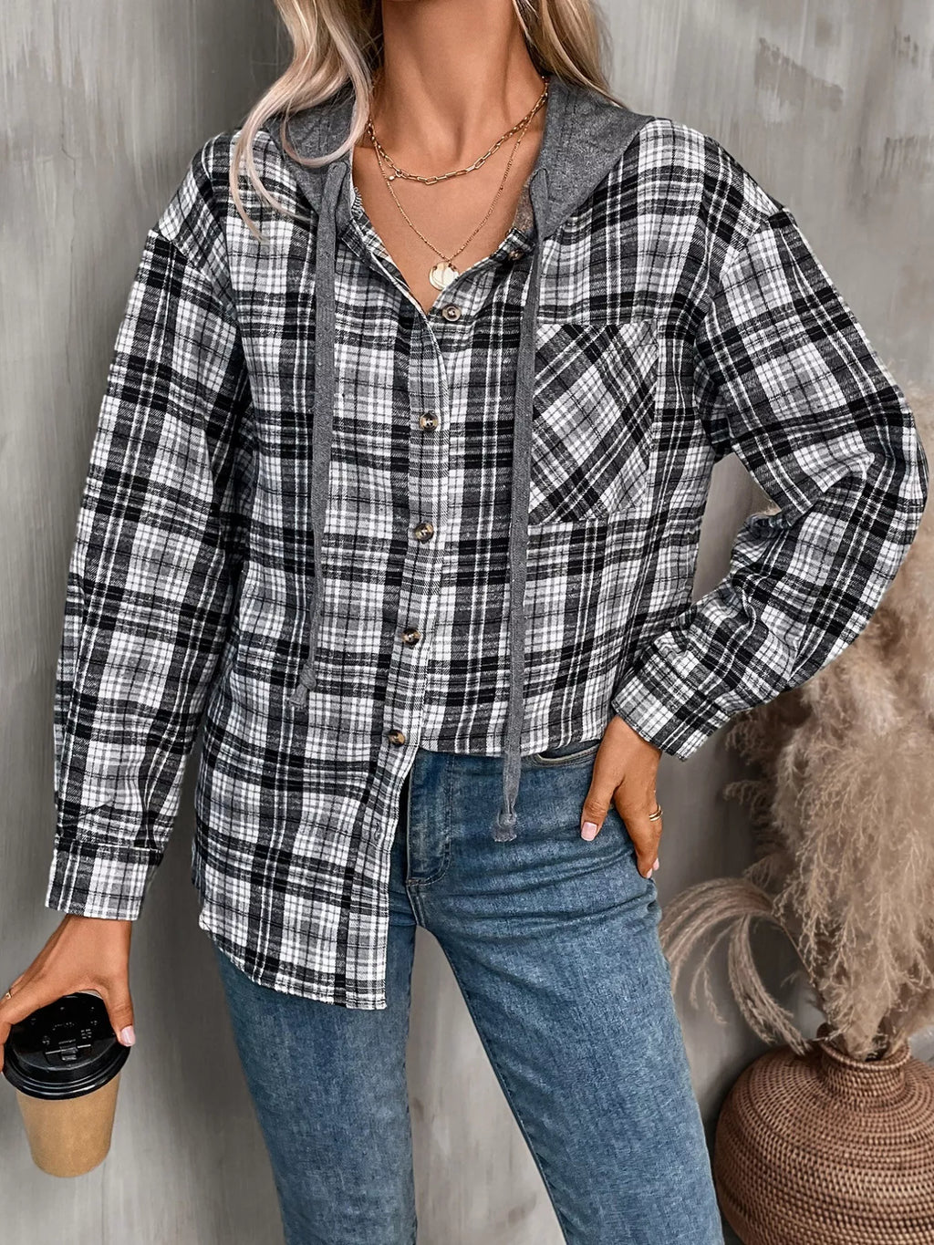 Plaid Button-up Hooded Shirt Chest Pocket (30)