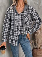 Plaid Button-up Hooded Shirt Chest Pocket (30)