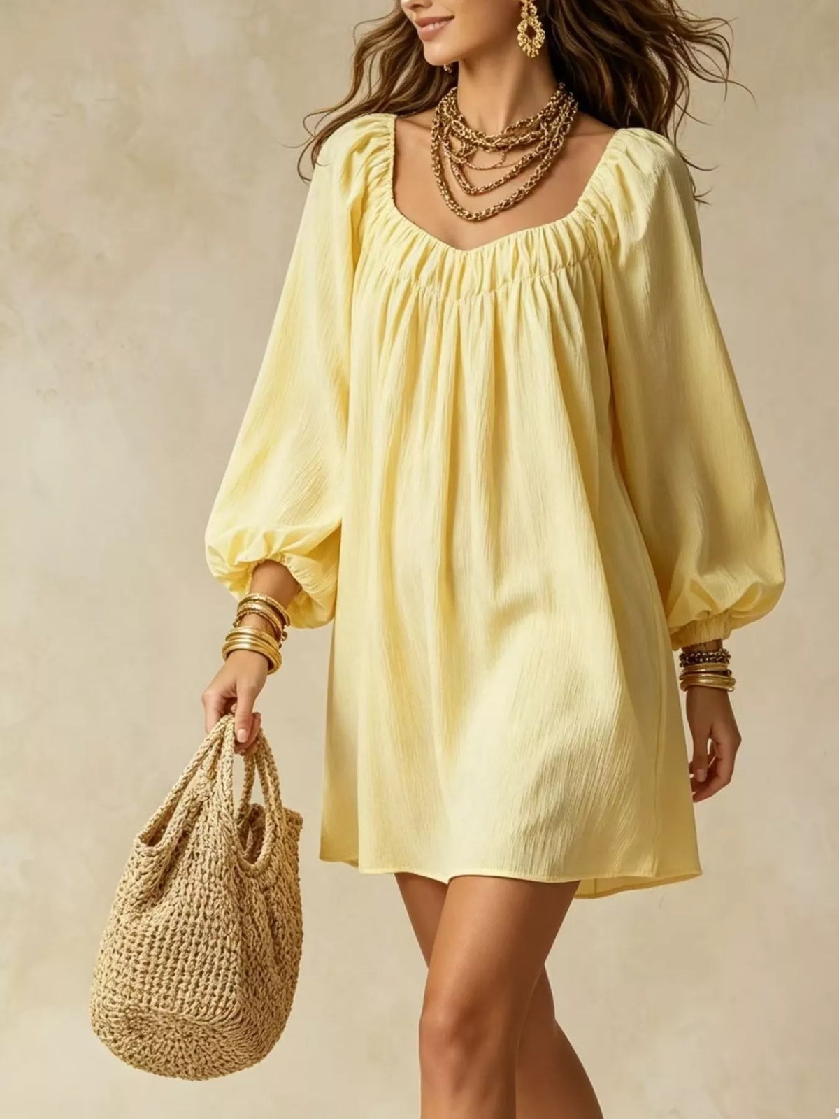 Flowy Balloon Sleeve Mini Dress (2)