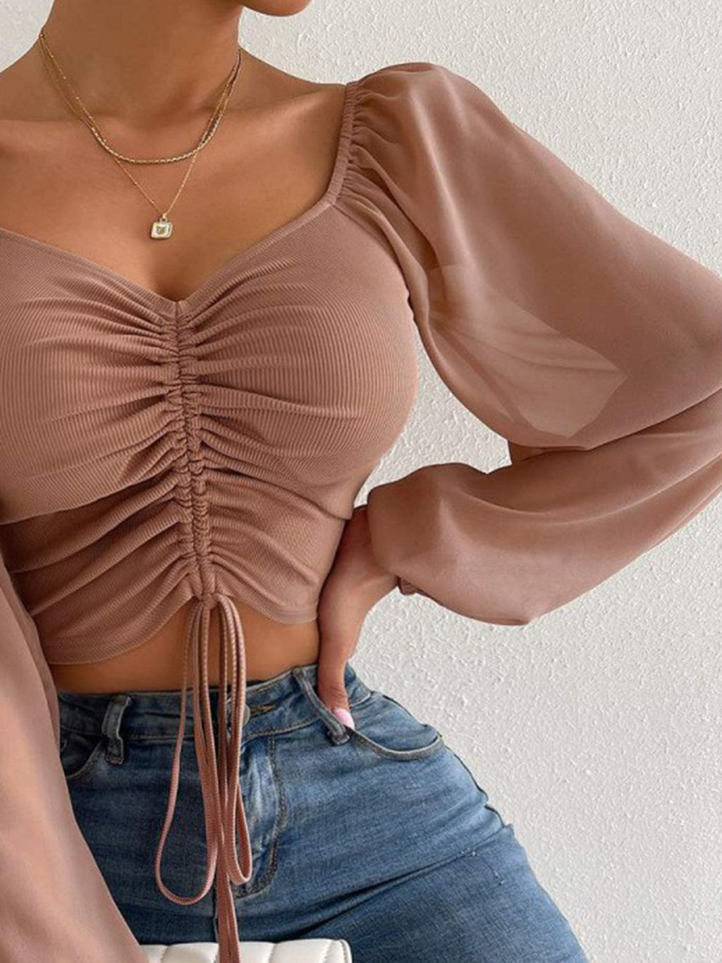Drawstring Sweetheart Neck Cropped Top (11)