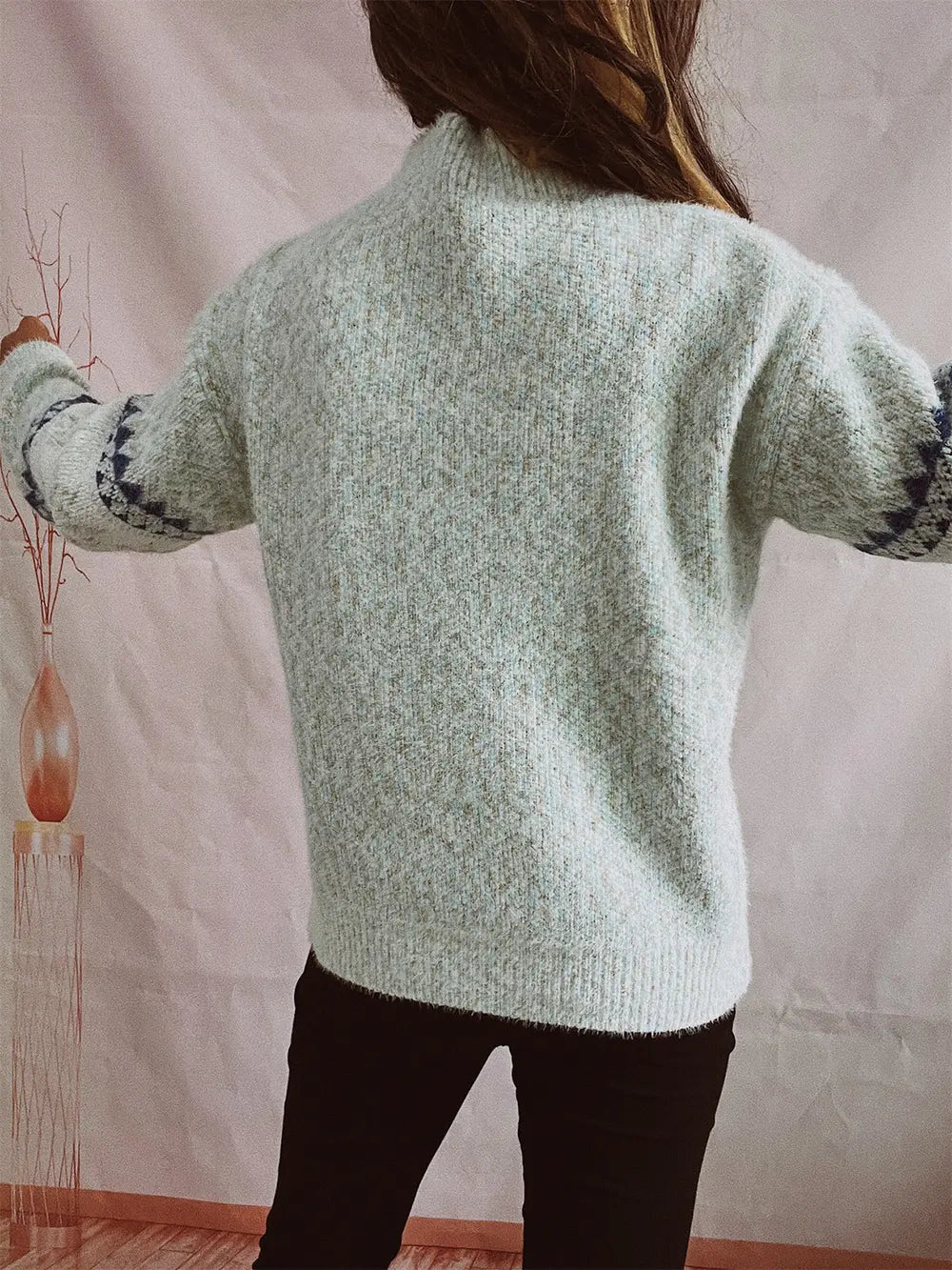 Geometric Mock Neck Dropped Shoulder Sweater (11)