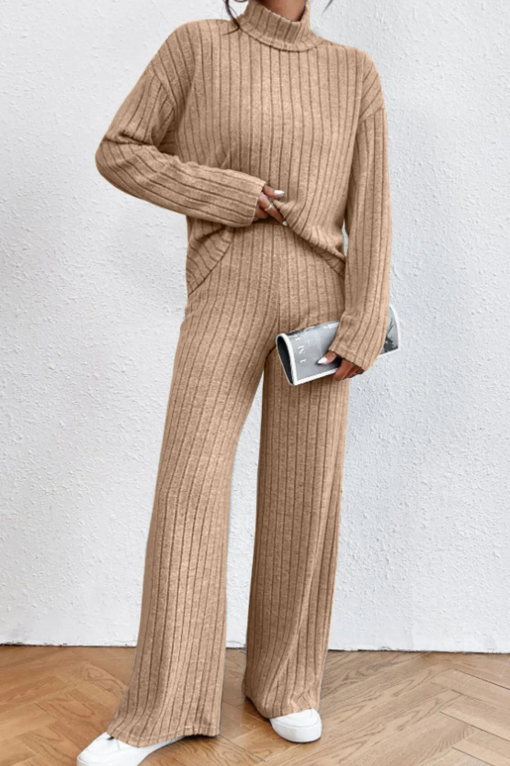 Mock Neck Dropped Shoulder Top Pants Set (18)