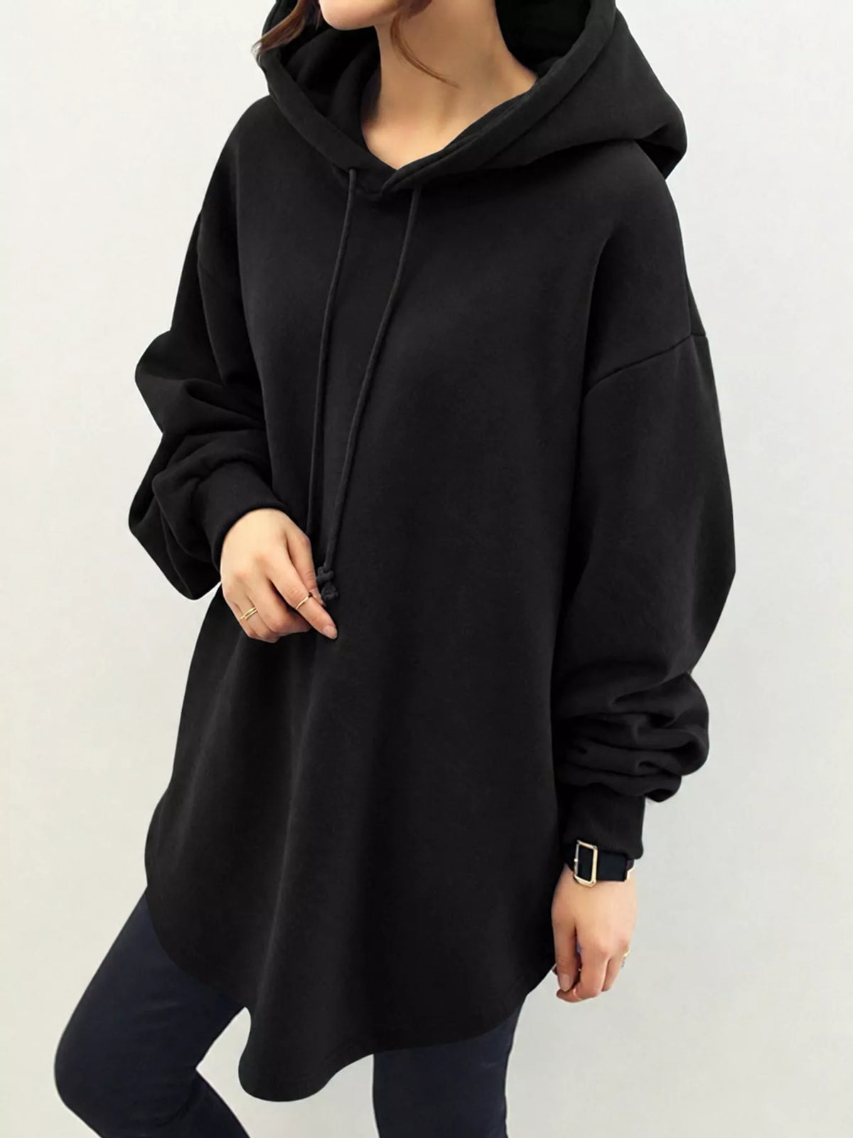 Full Size Drawstring Dropped Shoulder Hoodie Plus