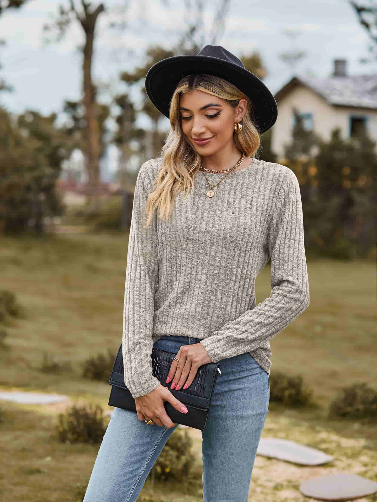 Ribbed Round Neck Long Sleeve Tee (11)