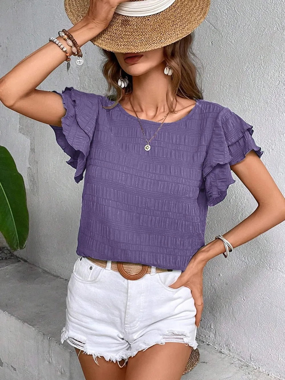 Round Neck Flounce Sleeve Blouse (25)