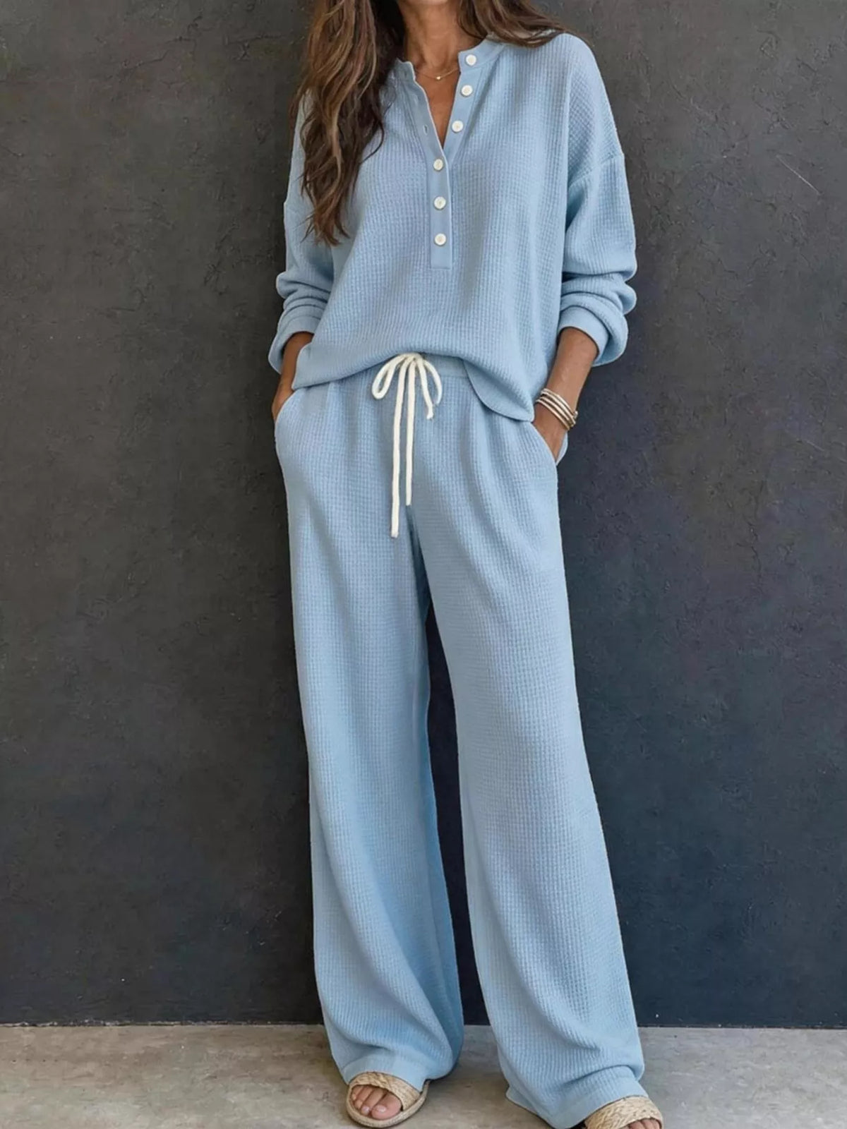 Waffle Knit Henley Top Wide Leg Pants Set (7)