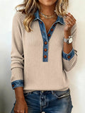Full Size Denim Trim Button Detail Ribbed Knit Top Plus (4)