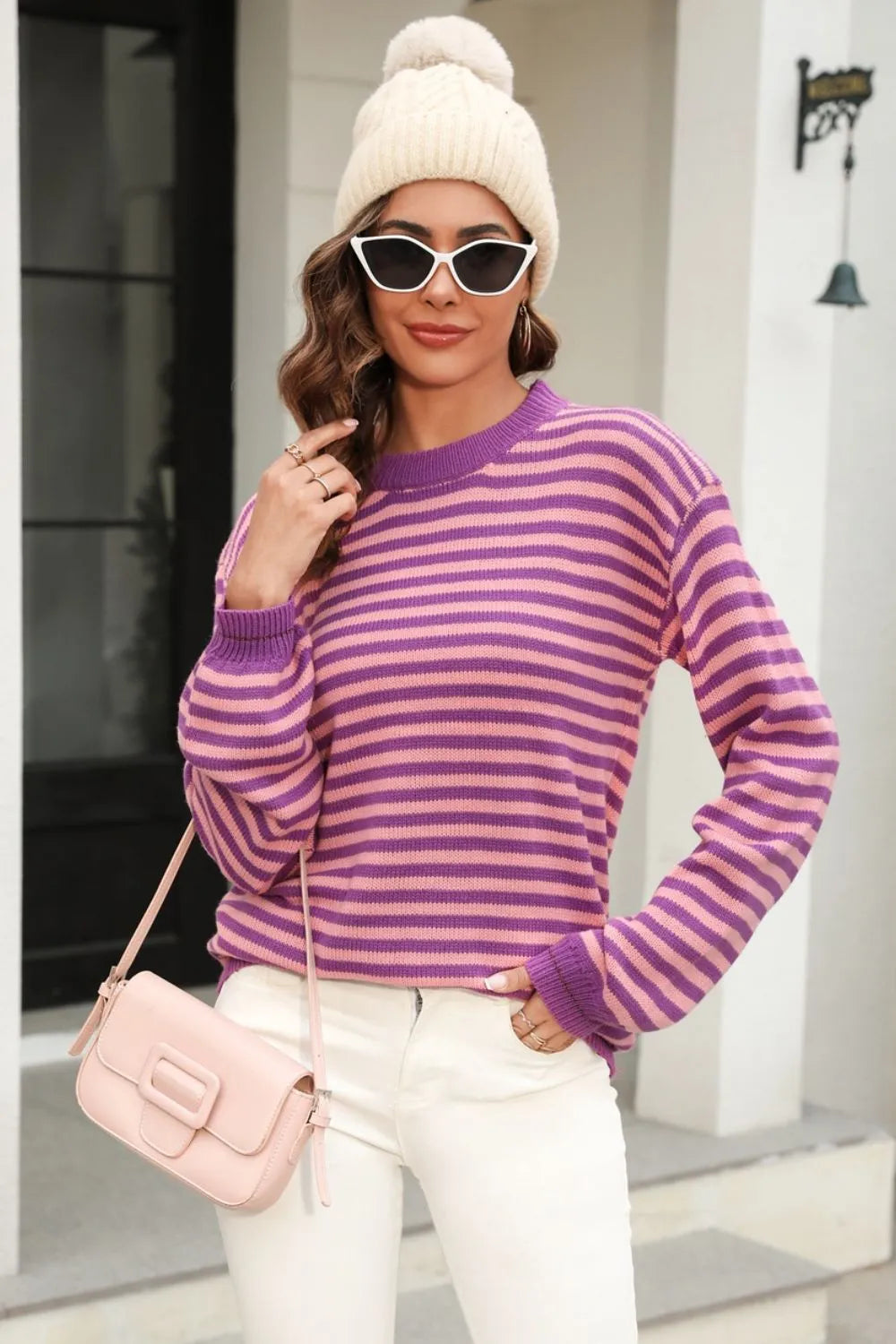 Striped Round Neck Dropped Shoulder Sweater (27)