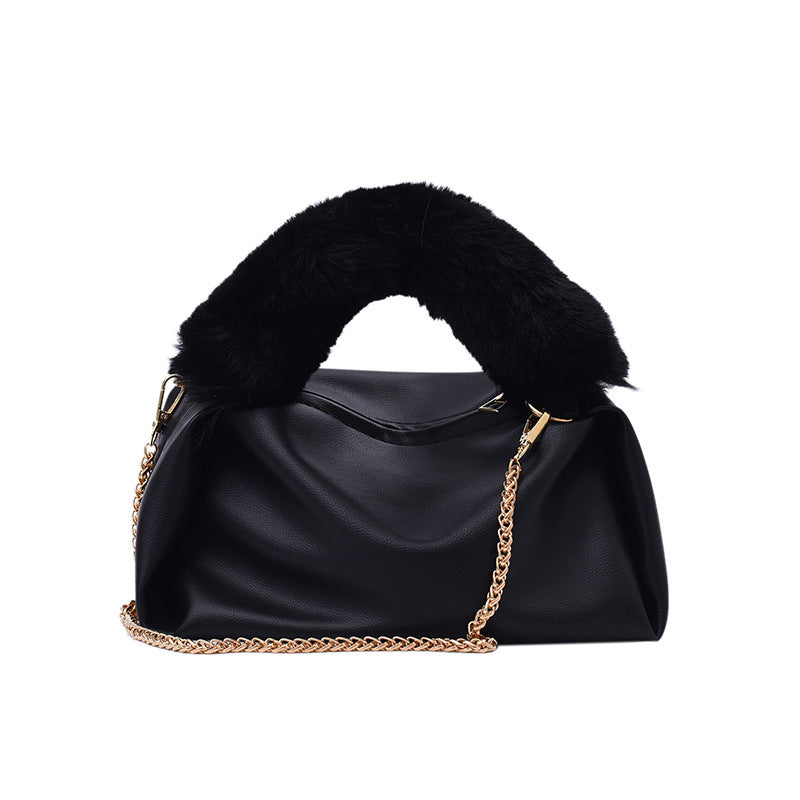 Solid Color One-shoulder Chain Plush Handbag photo 3