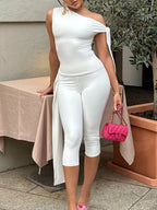 Tied One Shoulder Top Capris Set (2)