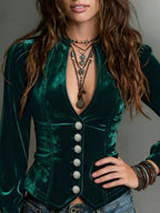 Button Down Plunge Velvet Shirt (10)