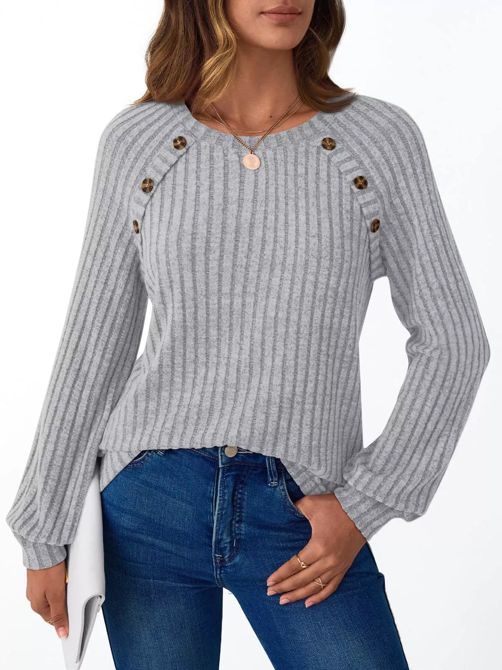 Ribbed Knit Decor Button Long Sleeve T-shirt (14)