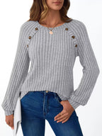 Ribbed Knit Decor Button Long Sleeve T-shirt (14)