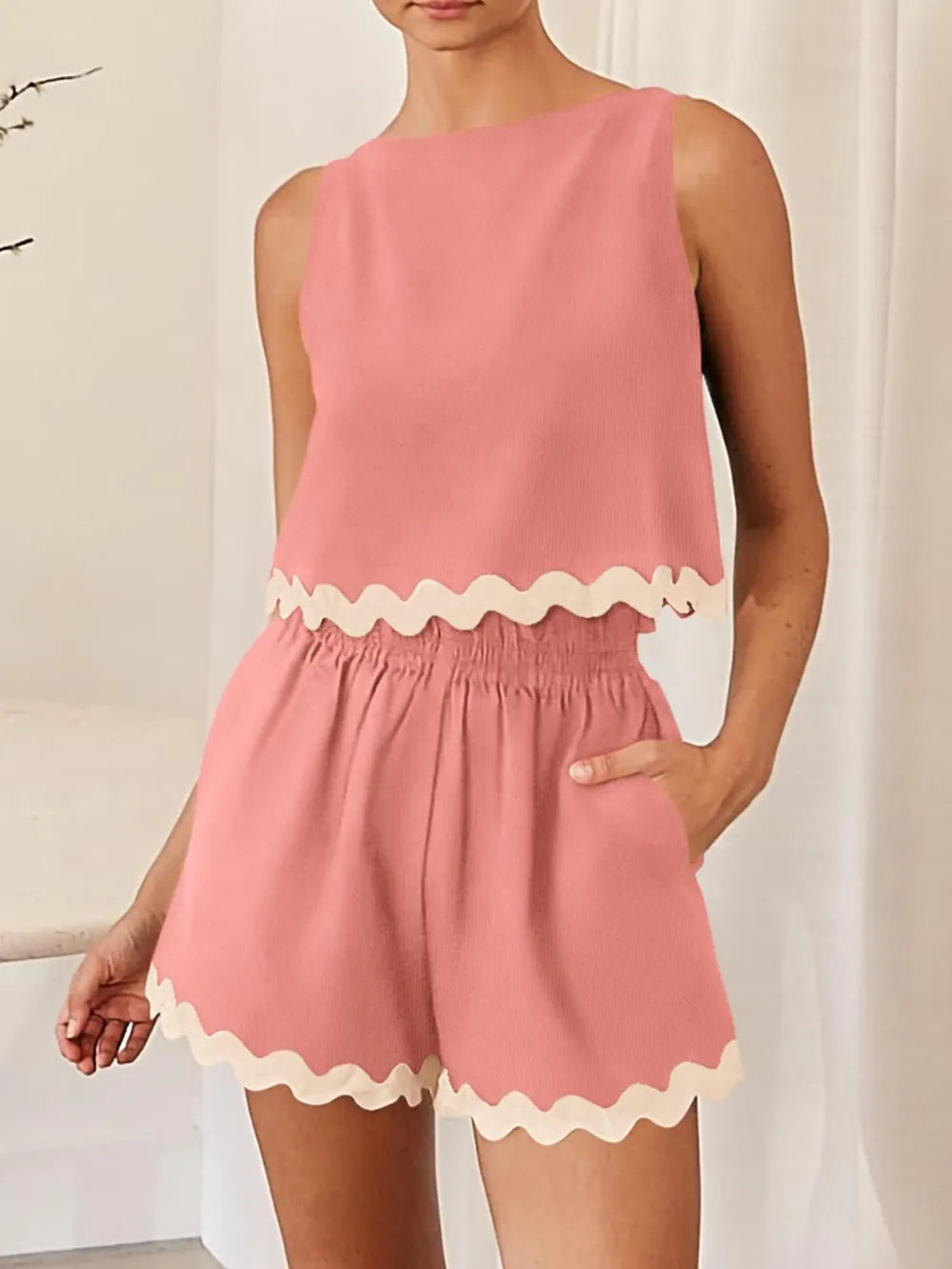 Contrast Trim Round Neck Top Shorts Set (13)