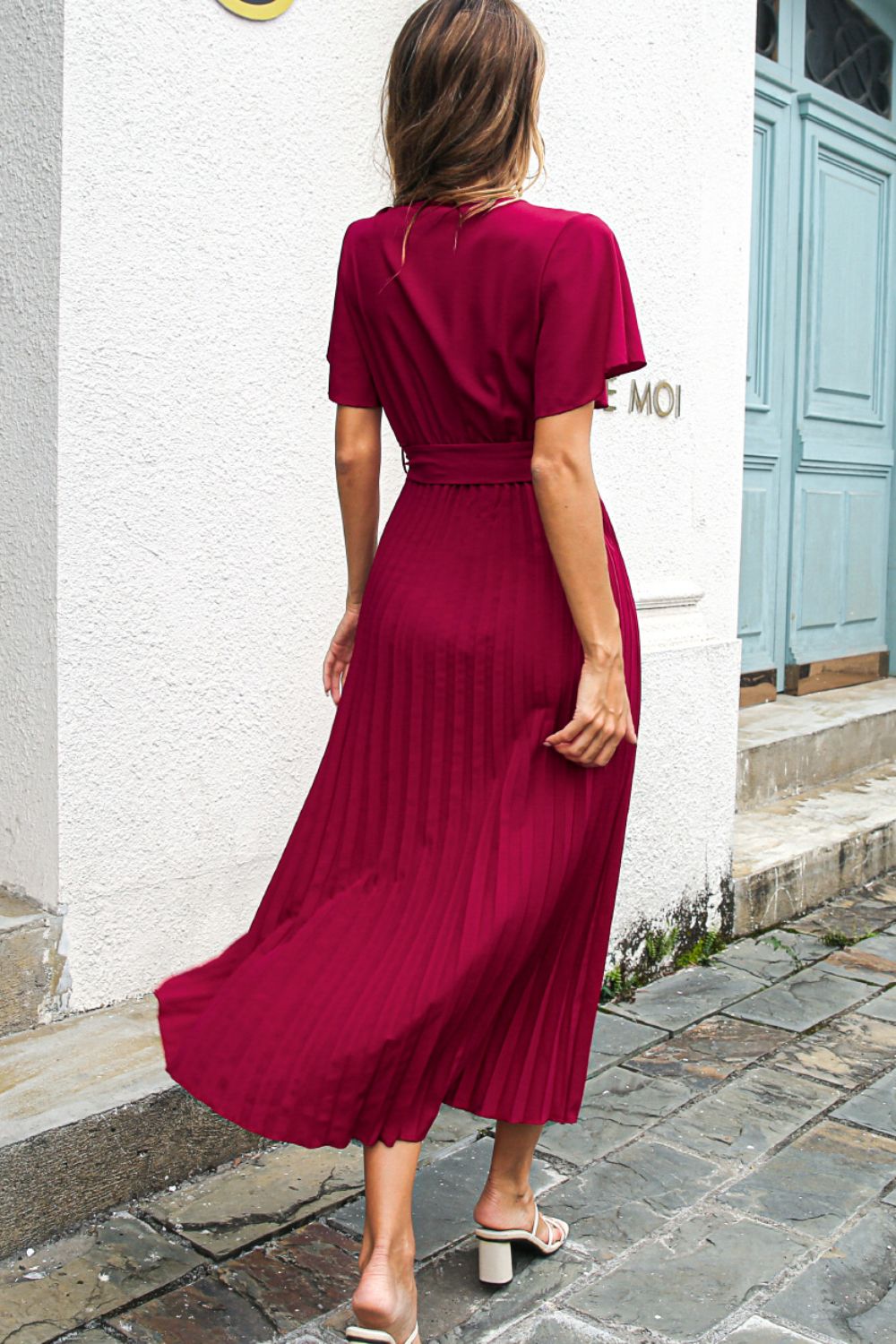 Flutter Sleeve Belted Surplice Midi Dress (6)