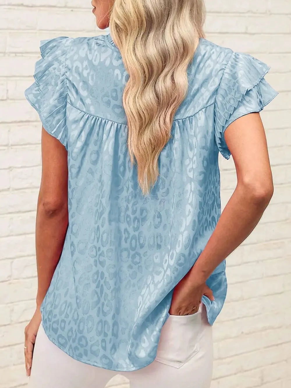 Leopard Frill Mock Neck Ruffled Cap Sleeve Top (12)