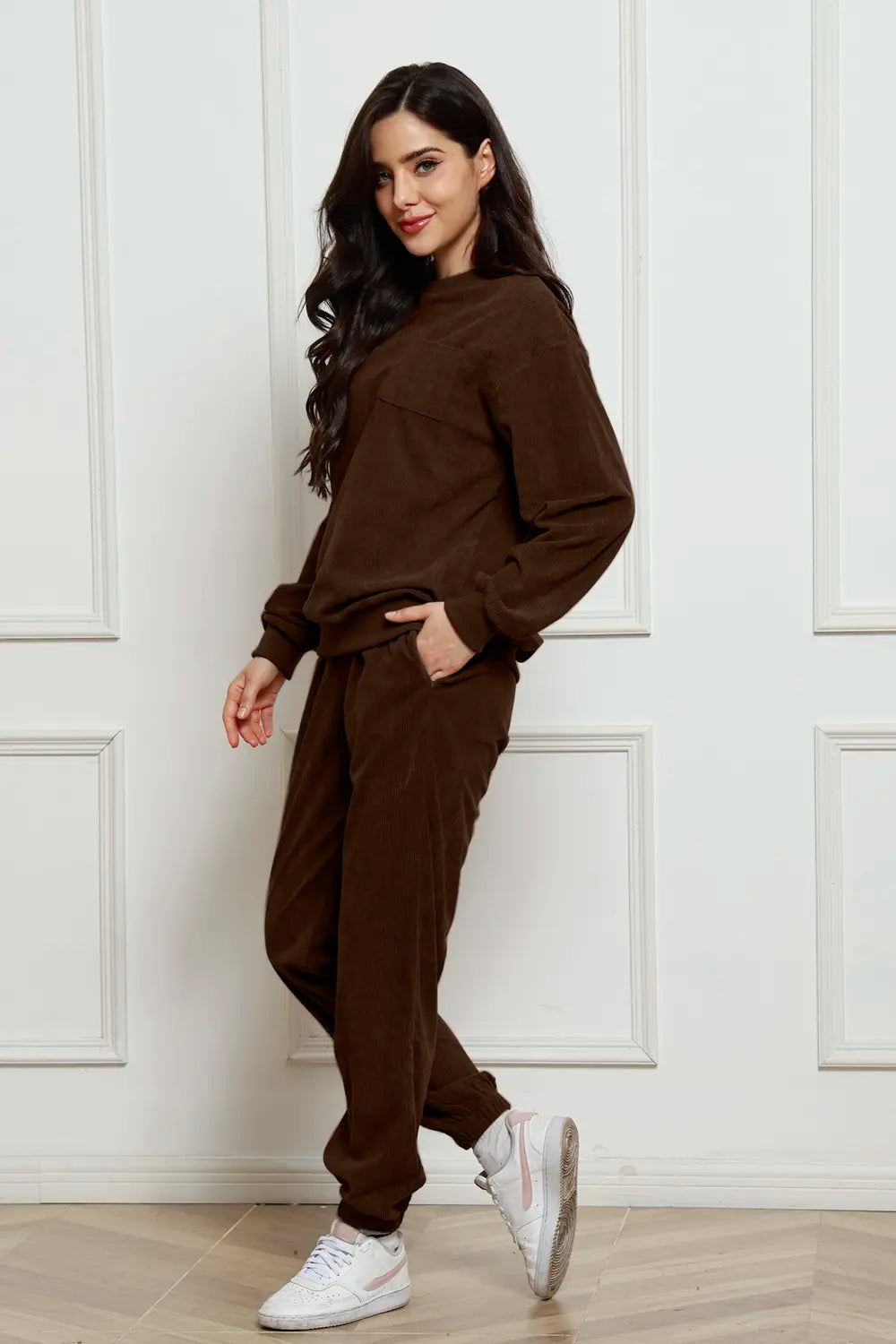 Corduroy Round Neck Sweatshirt Sweatpants Set (8)