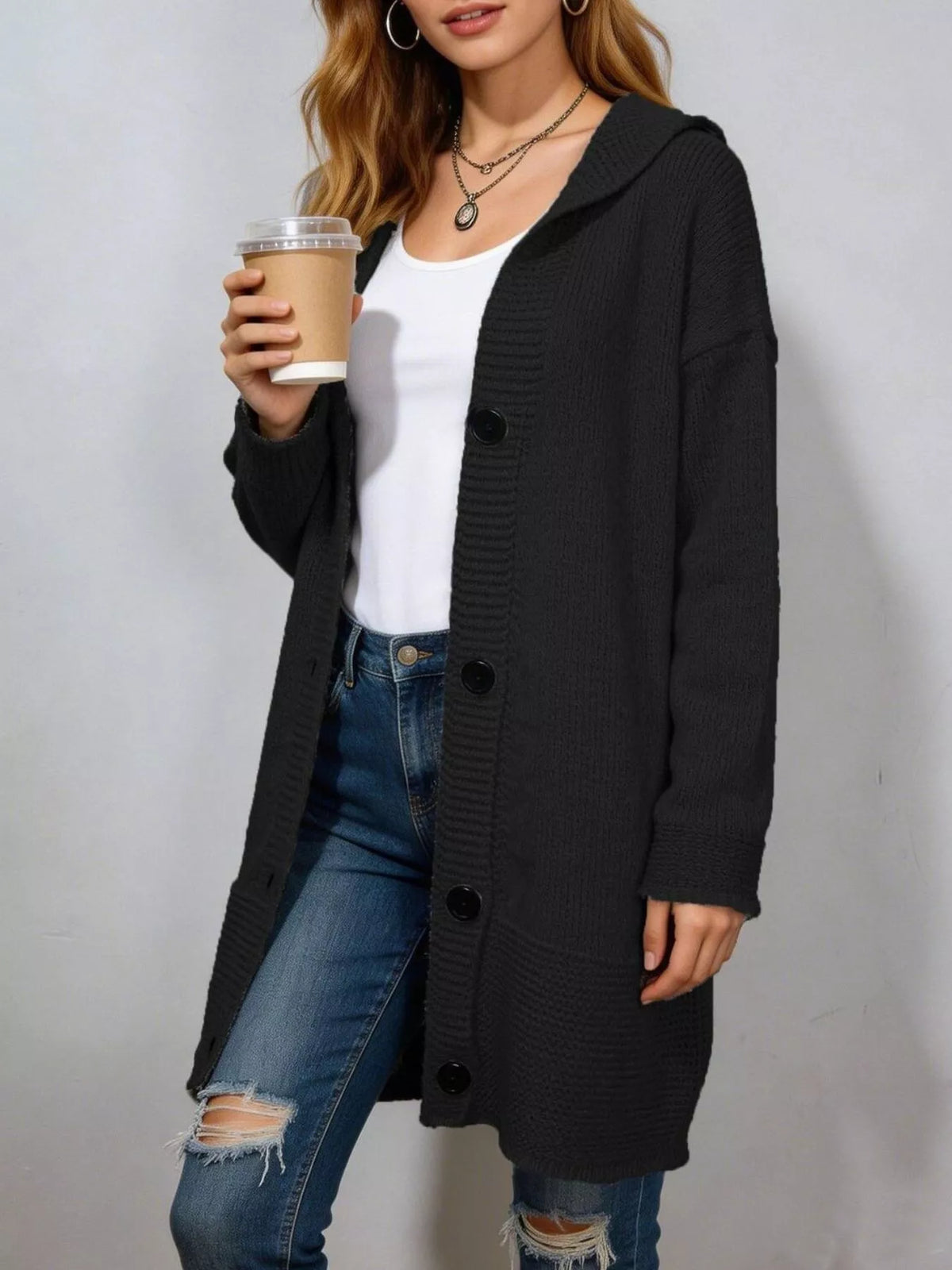 Full Size Casual Hooded Button-down Knit Cardigan Plus (6)