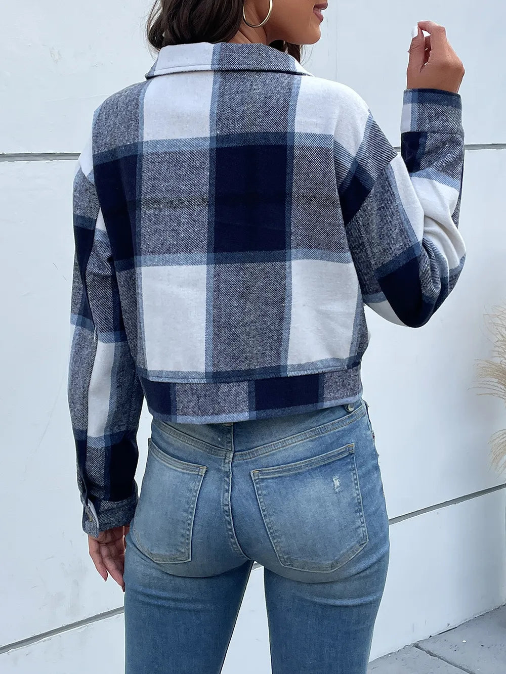 Plaid Button Up Drop Shoulder Cropped Jacket (24)