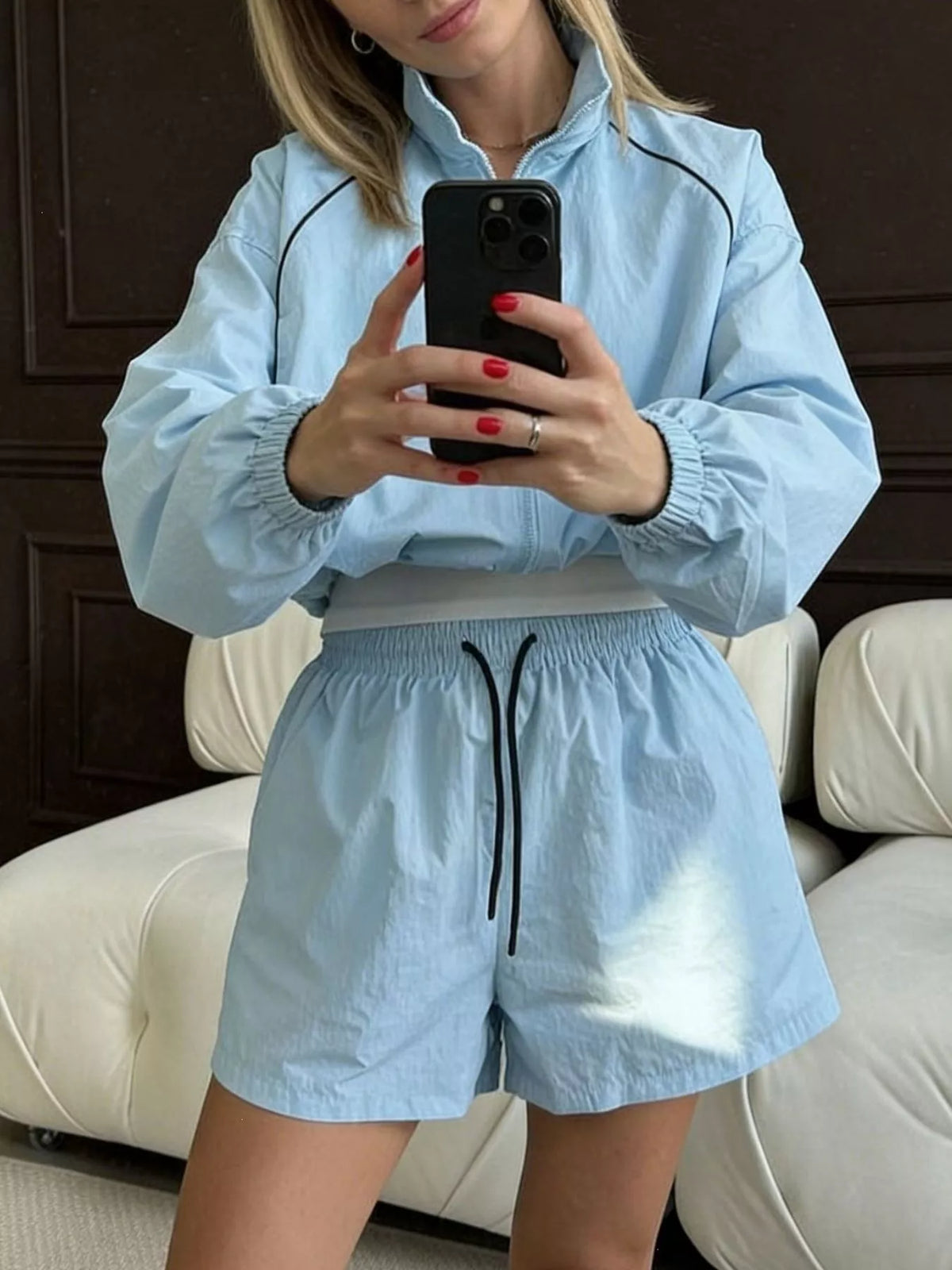 Zip Up Long Sleeve Outerwear Shorts Set (10)