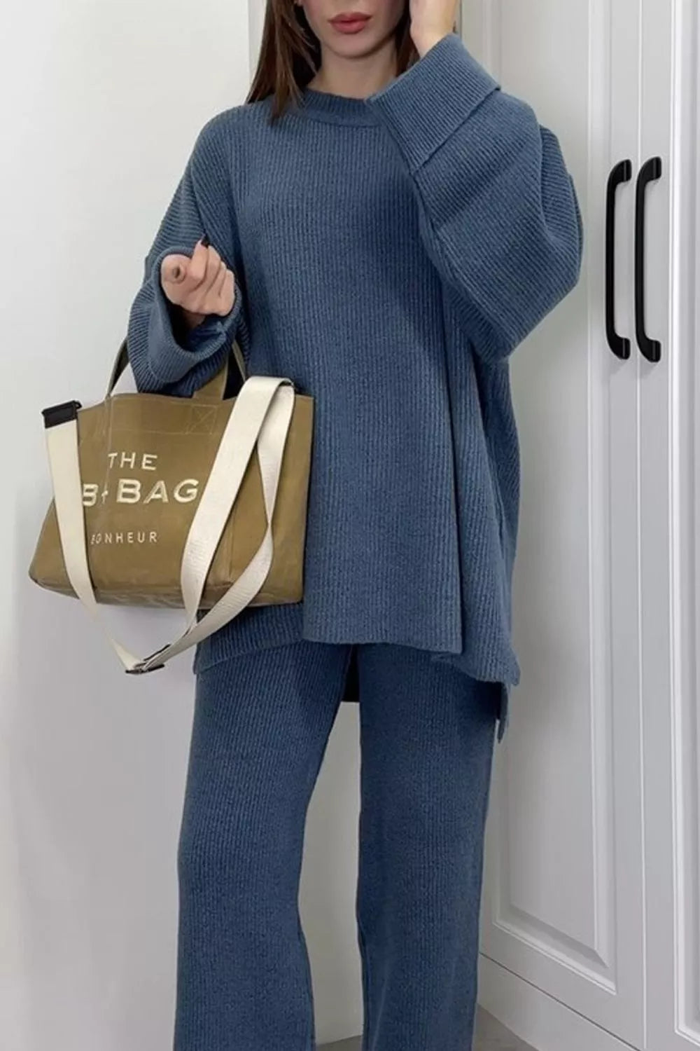 Dropped Shoulder Knit Sweater Wide Leg Pants Set (5)