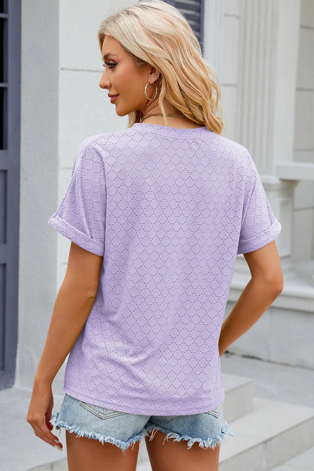 Eyelet Notched Short Sleeve T-shirt (20)