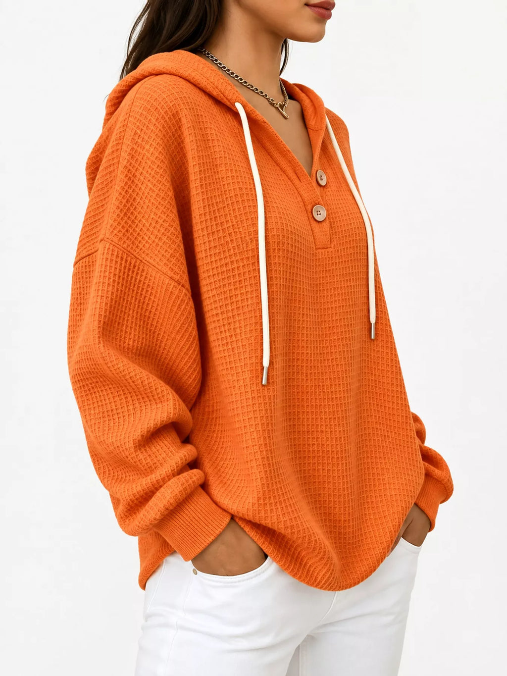Full Size Waffle Knit Button Detail Hoodie Plus (31)