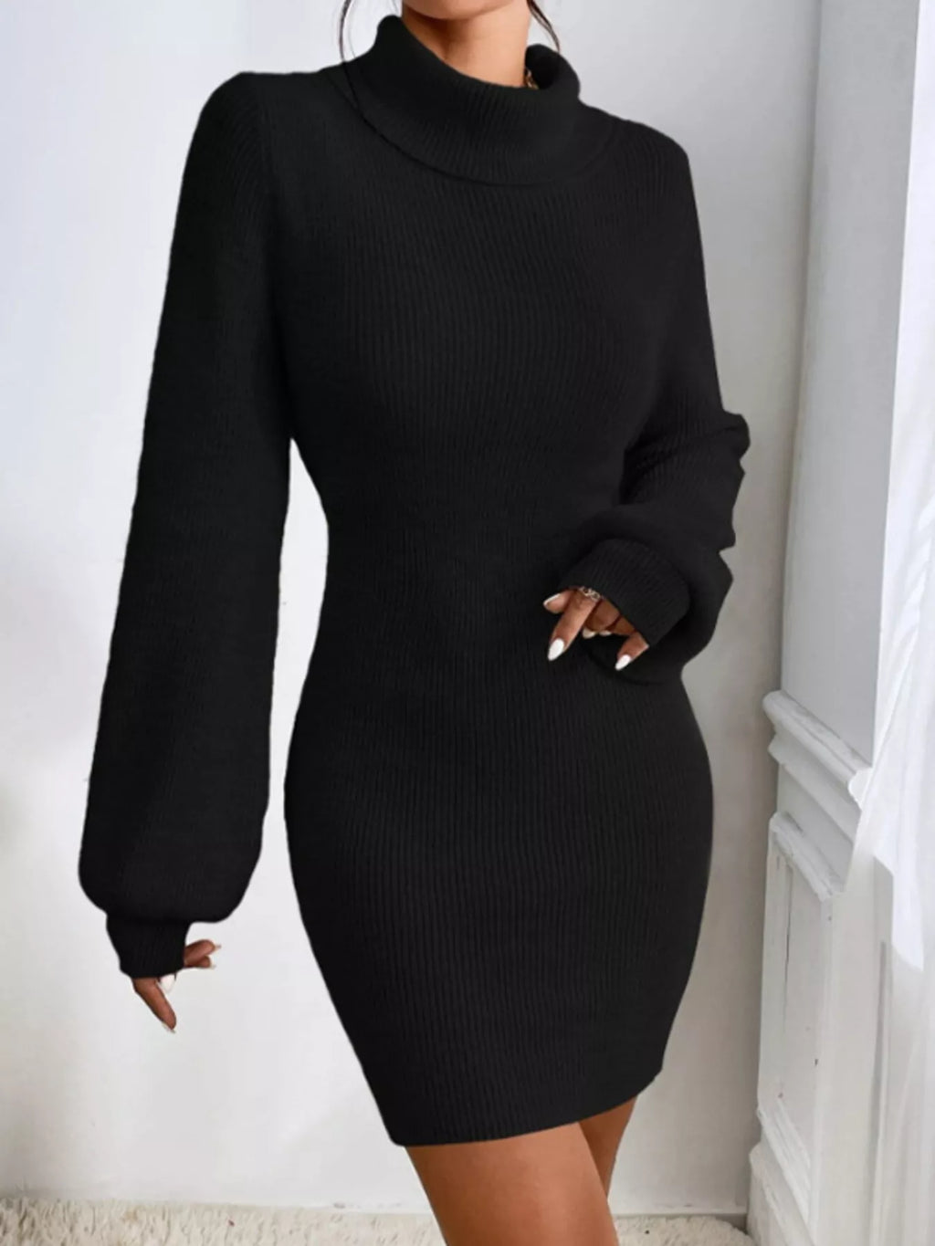 Turtleneck Ribbed Knit Sweater Dress (15)