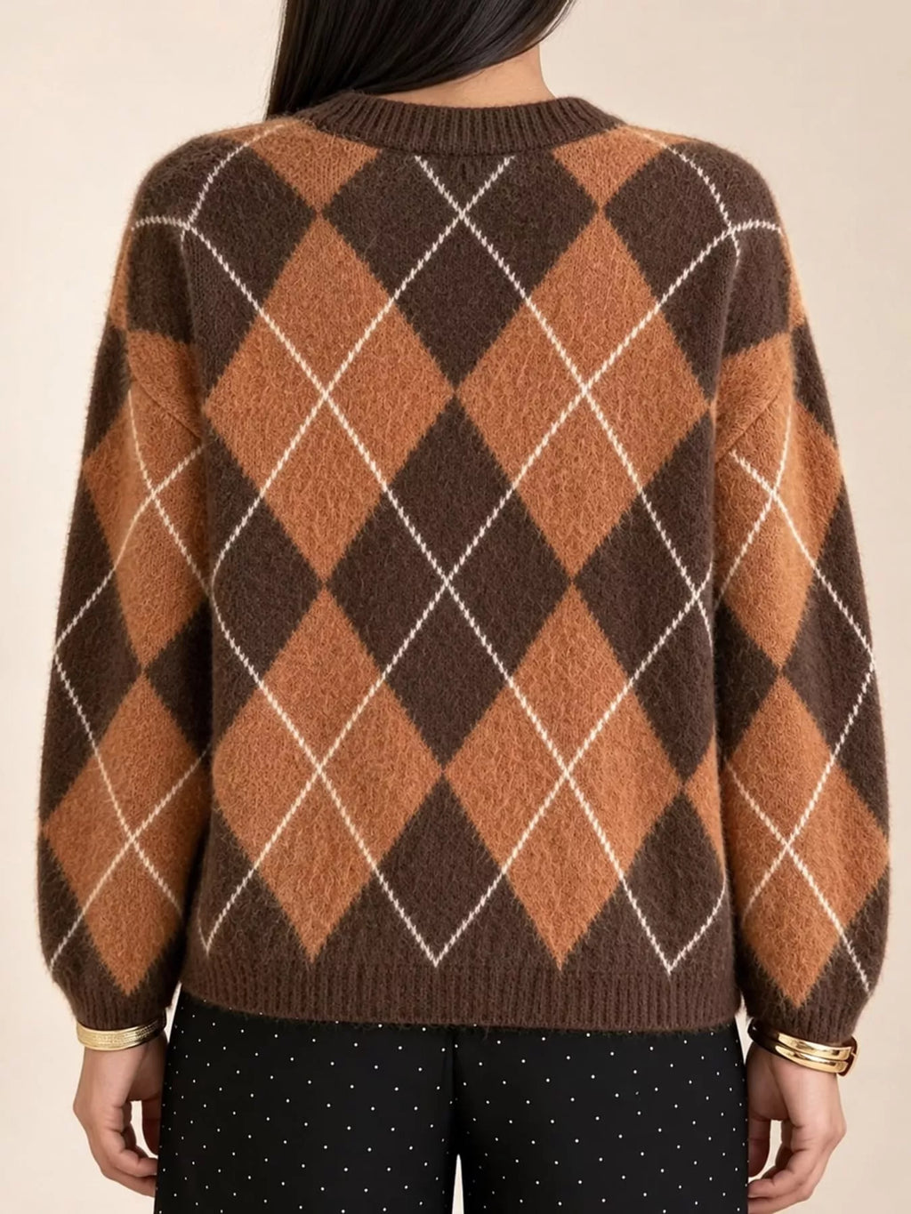 Argyle Pattern Fuzzy Knit Sweater (4)
