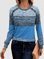 Decorative Button Contrast Round Neck Long Sleeve T-shirt (5)