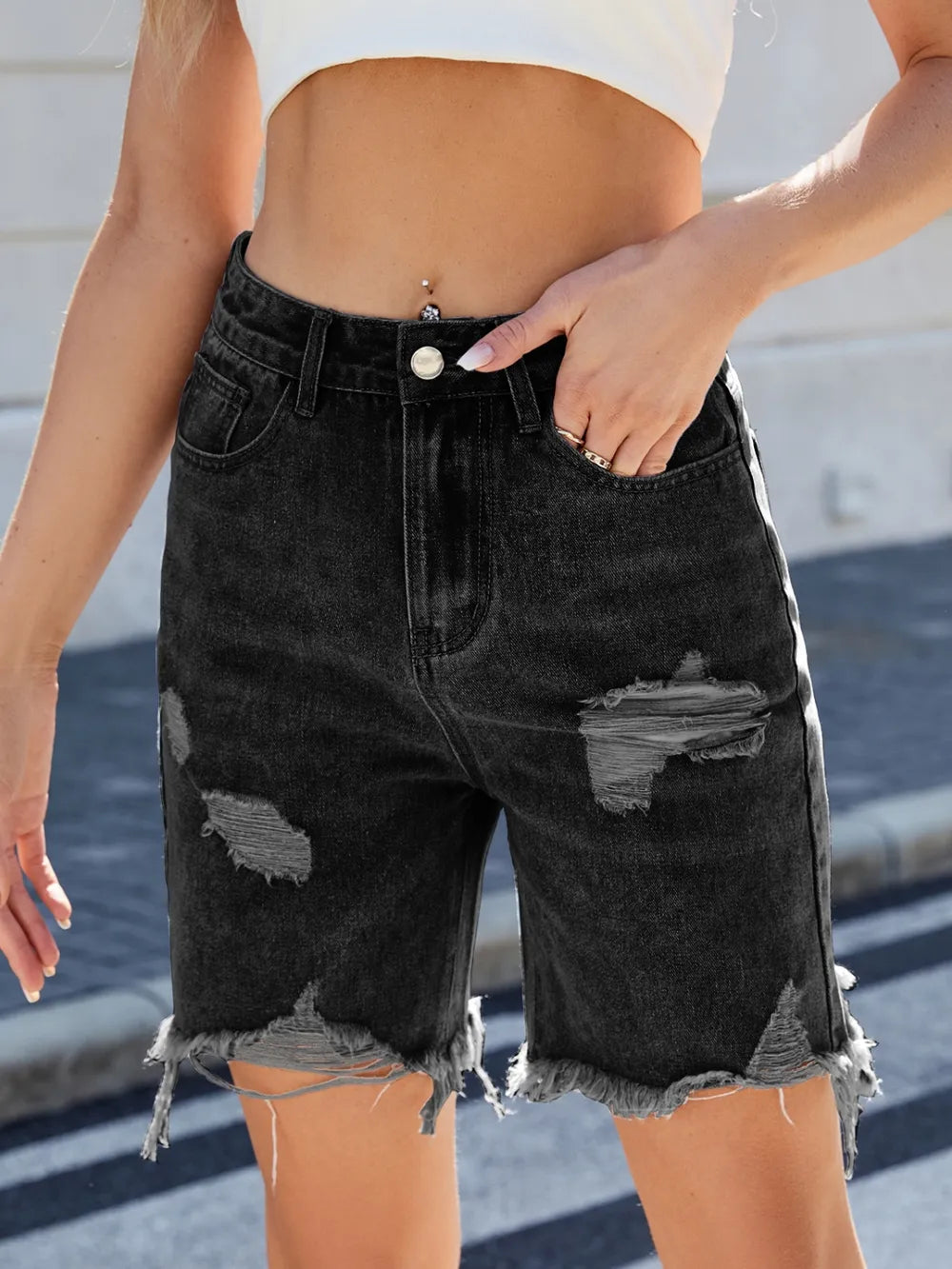 Distressed Raw Hem Denim Shorts (8)