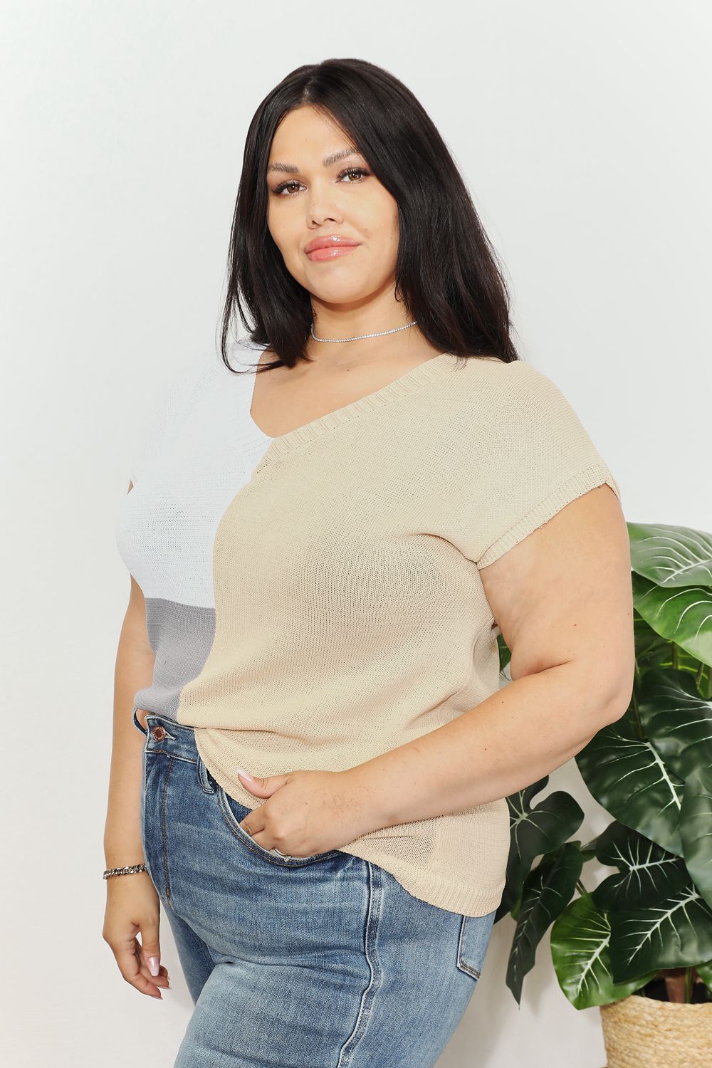 Block V-neck Knit Top (9)