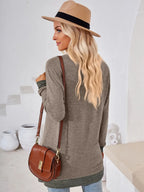 Crochet Contrast V-neck Long Sleeve Slit T-shirt (14)