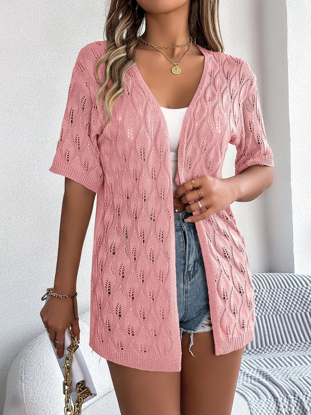 Openwork Open Front Short Sleeve Cardigan (8)