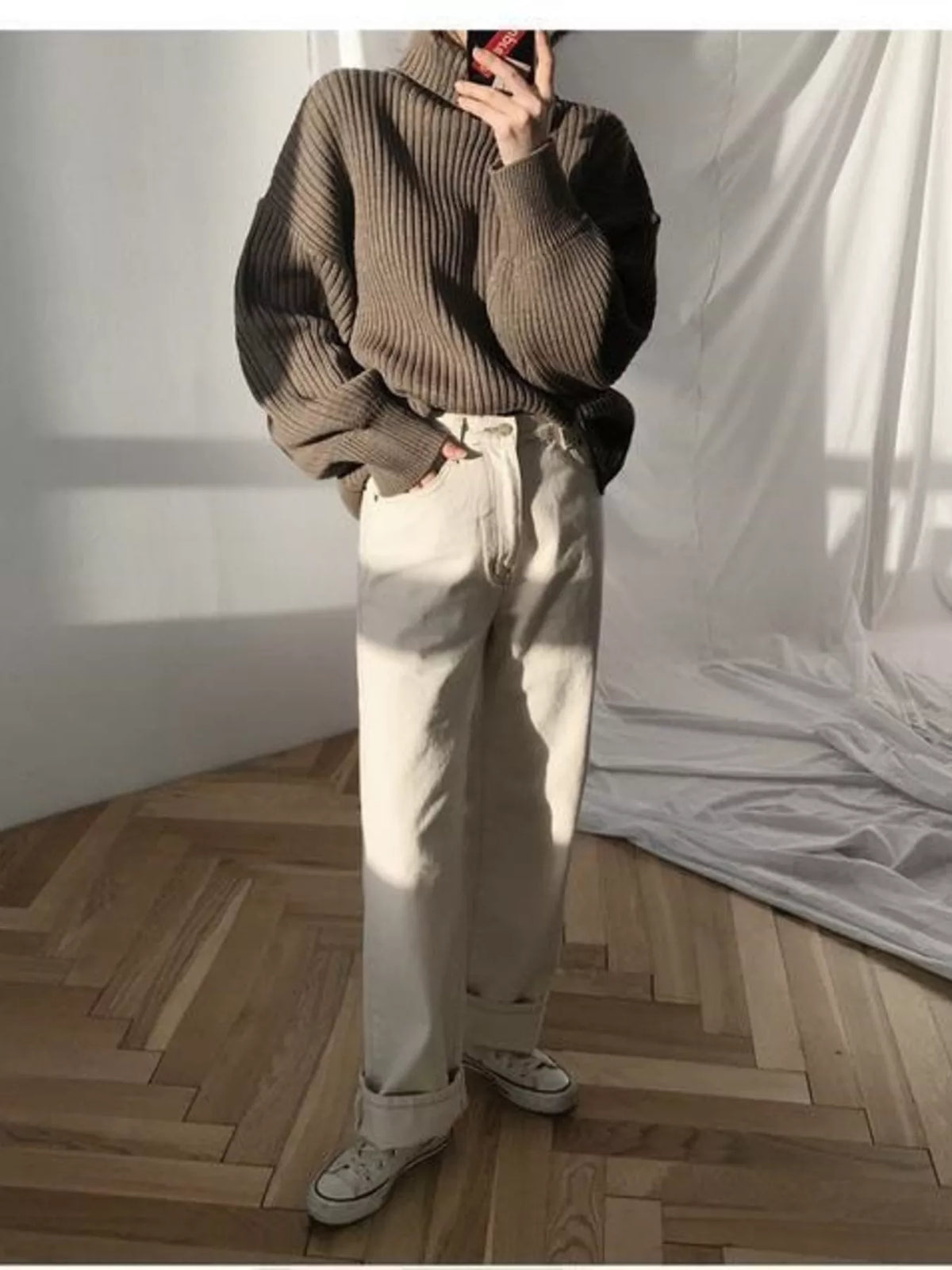 Oversized Turtleneck Ribbed Knit Sweater (4)