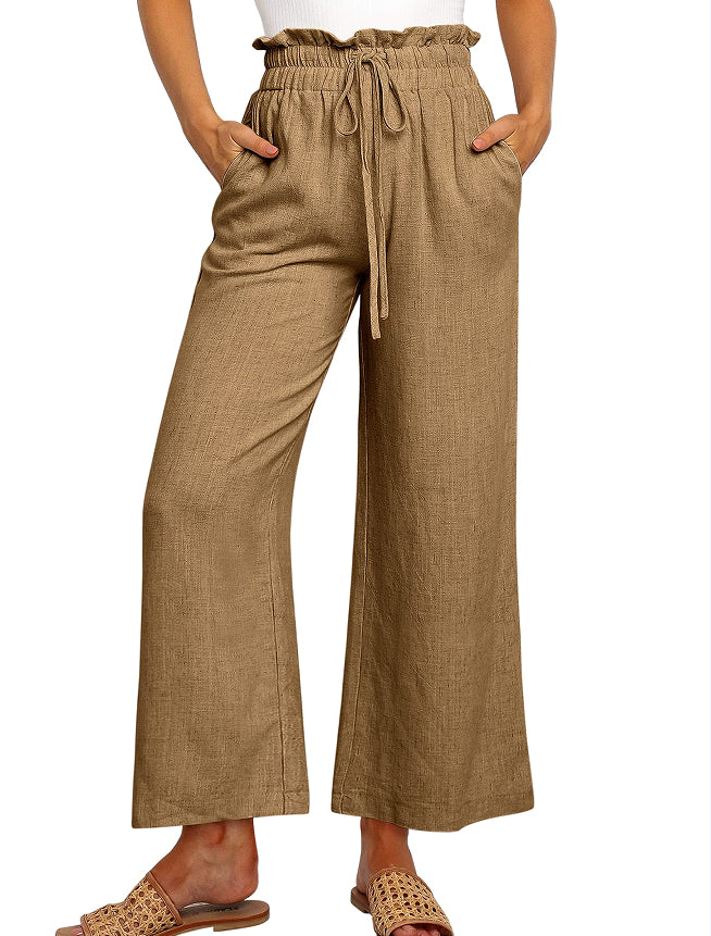 Elastic Waistband Lace-up Wide Leg Pants Solid Color Cropped (13)