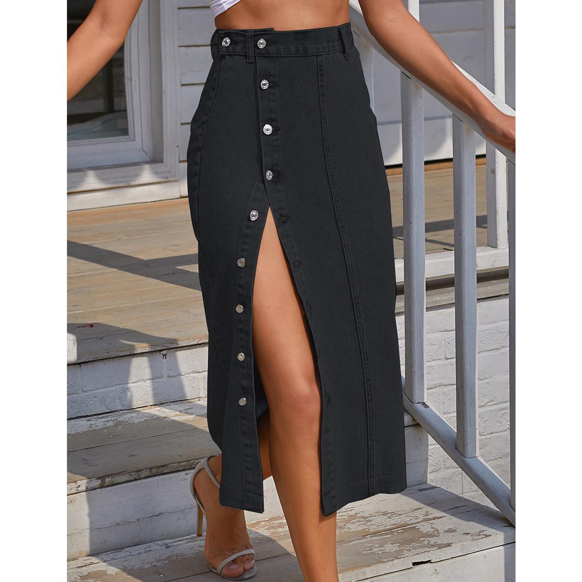 Button Denim High Waist Skirt variant CJWS320763001AZ|CJWS320763002BY|CJWS320763003CX|CJWS320763004DW
