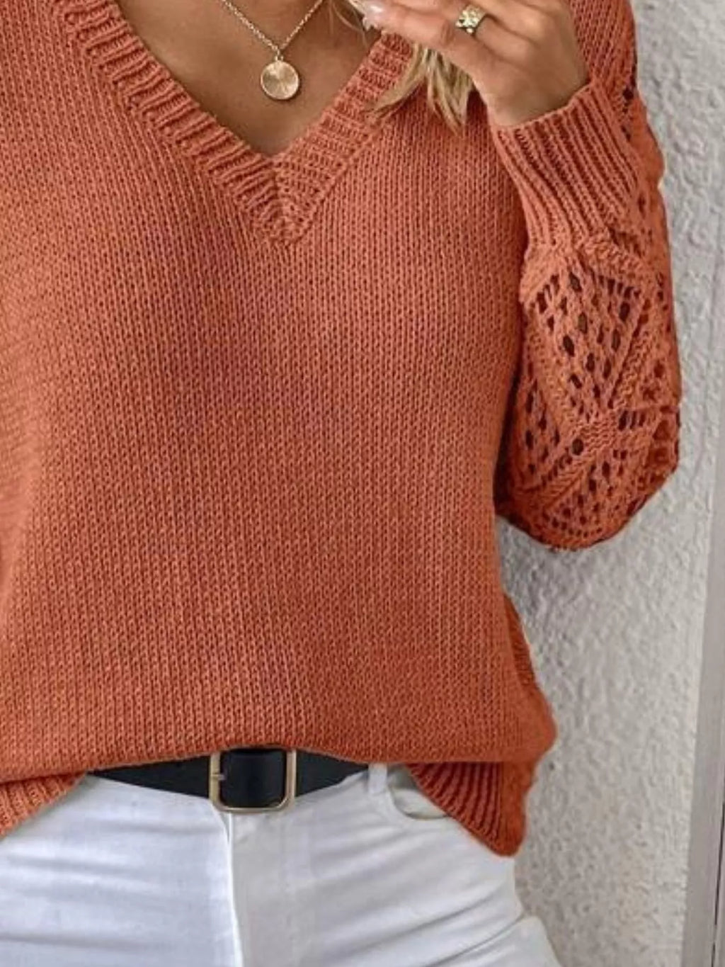 V-neck Hollow-out Sleeve Knit Sweater (12)